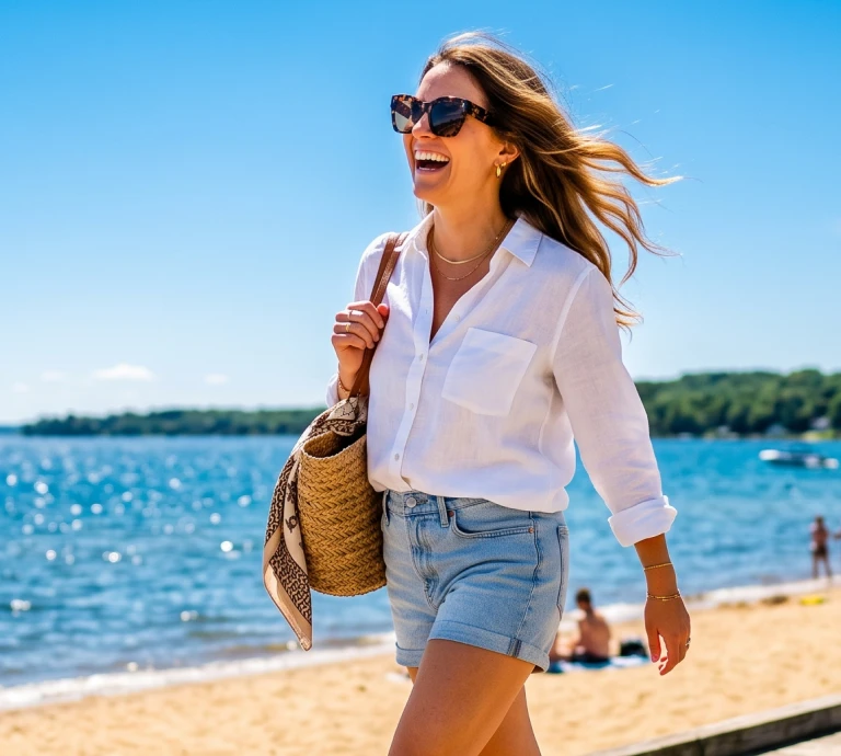 Woman smiling and walking outdoors on a beach while wearing stylish tortoiseshell sunglasses, enjoying a sunny day by the water.